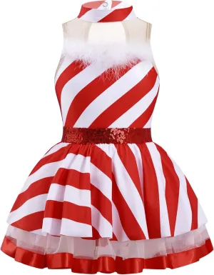 YiZYiF Kids Girls Candy Cane Striped Christmas Dance Dress Party Costume Sleeveless Mock Neck Figure Skating Dress