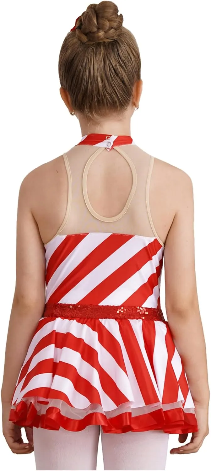 YiZYiF Kids Girls Candy Cane Striped Christmas Dance Dress Party Costume Sleeveless Mock Neck Figure Skating Dress