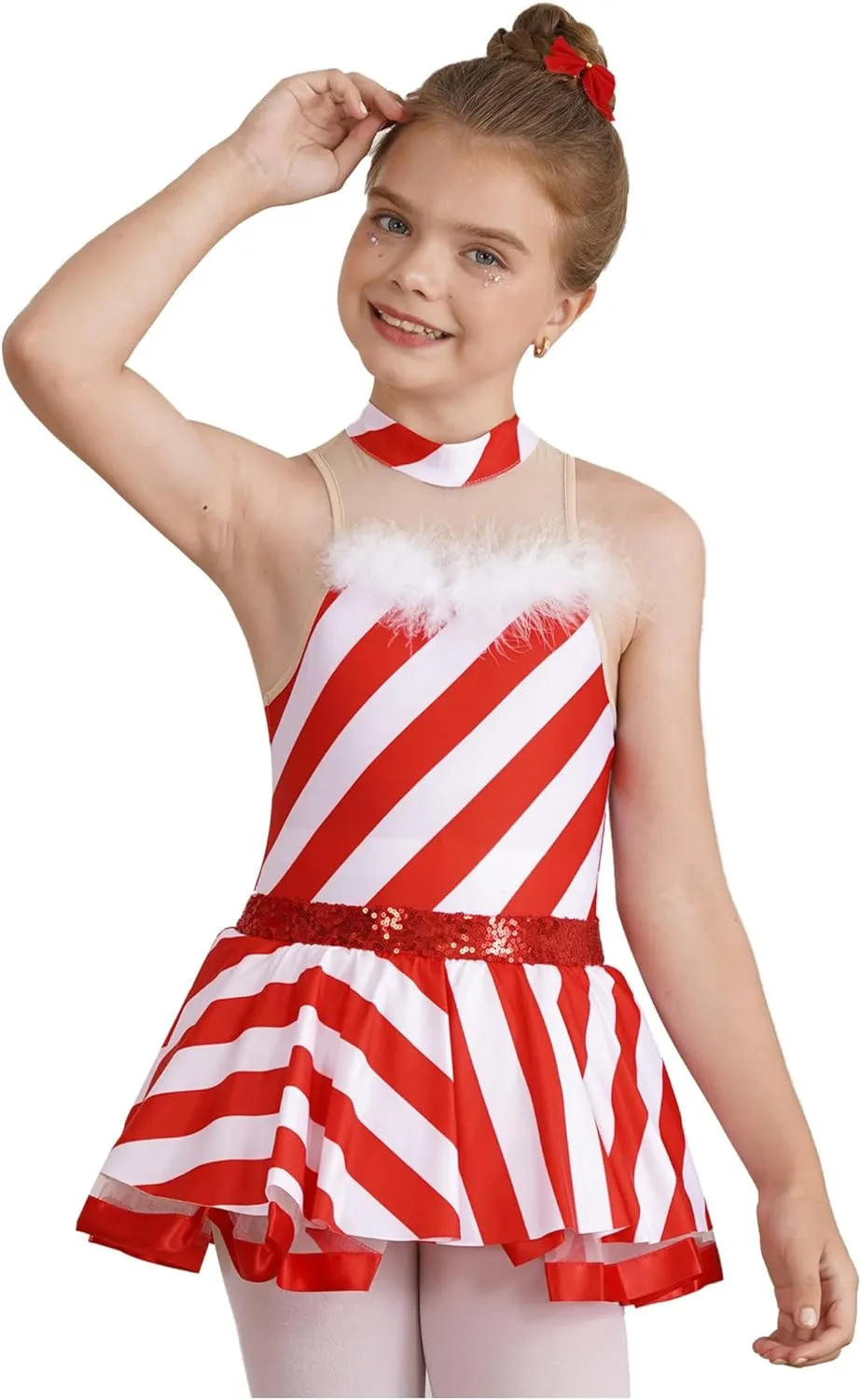 YiZYiF Kids Girls Candy Cane Striped Christmas Dance Dress Party Costume Sleeveless Mock Neck Figure Skating Dress