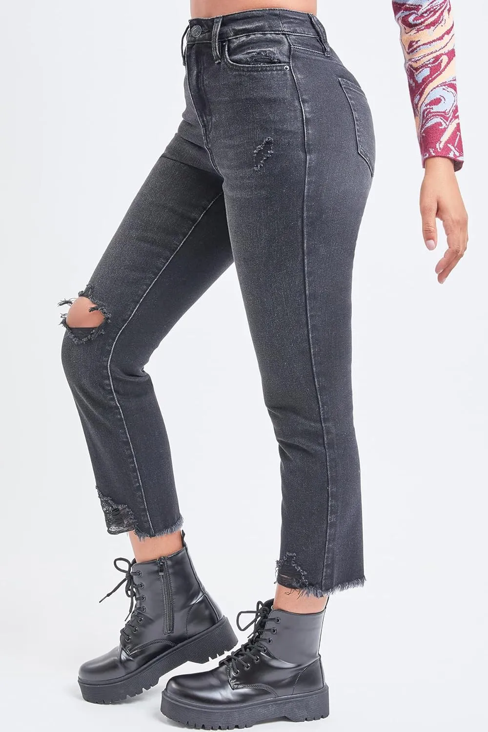 YMI Women's Junior Hybrid Dream High-Rise Slim Straight Jean with Frayed Hem