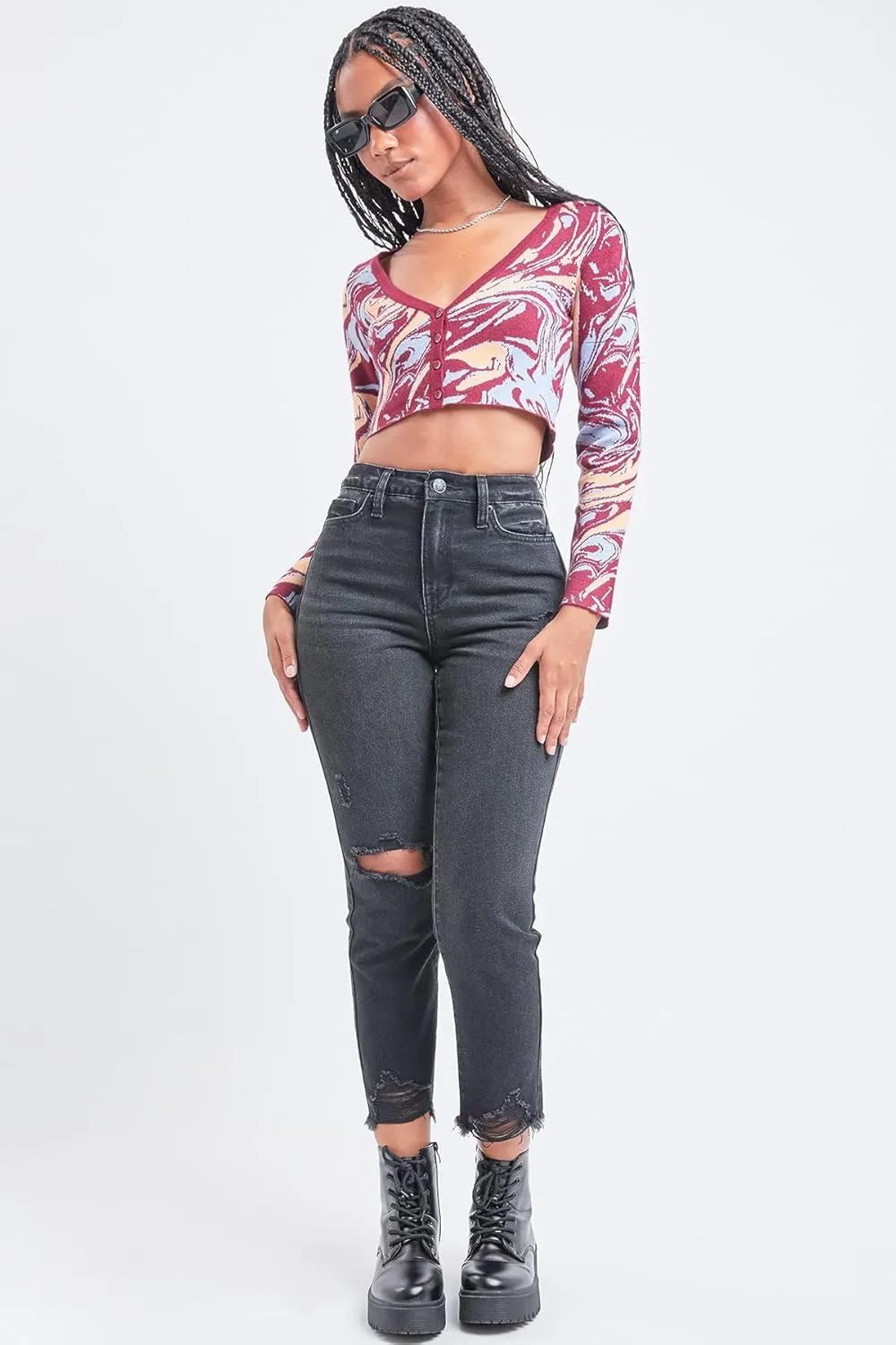 YMI Women's Junior Hybrid Dream High-Rise Slim Straight Jean with Frayed Hem