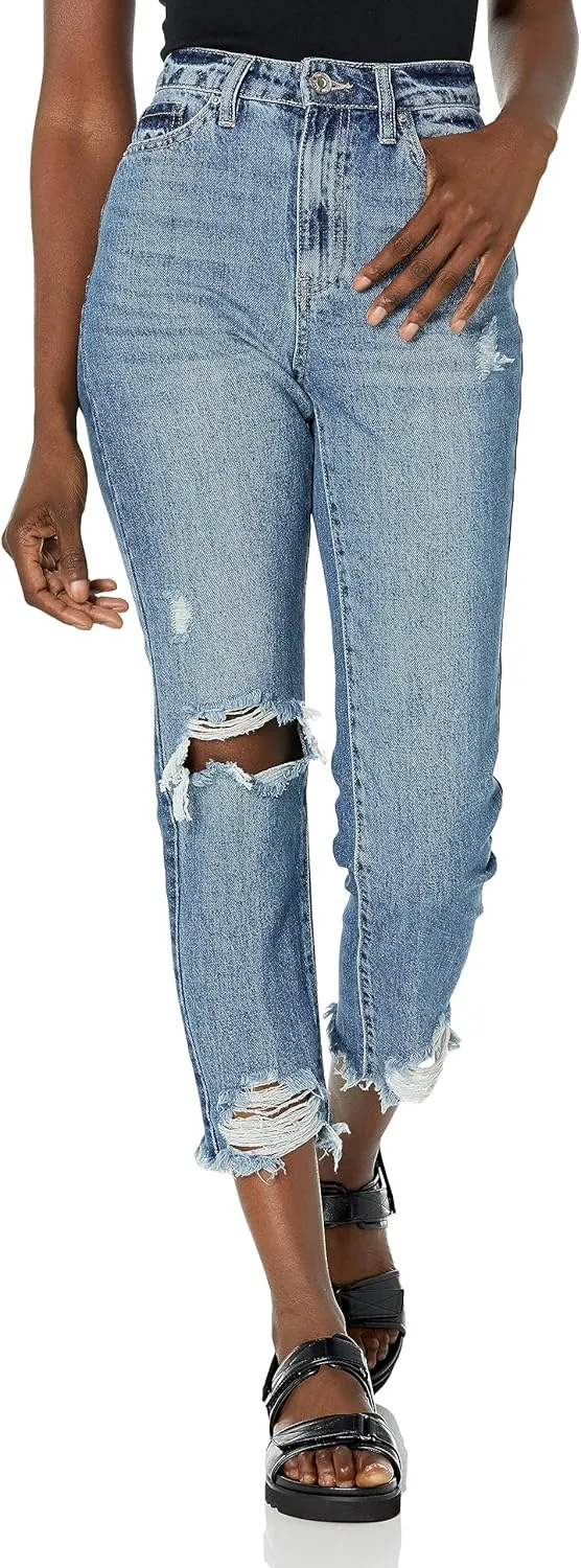 YMI Women's Junior Hybrid Dream High-Rise Slim Straight Jean with Frayed Hem