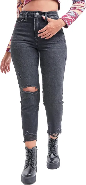 YMI Women's Junior Hybrid Dream High-Rise Slim Straight Jean with Frayed Hem