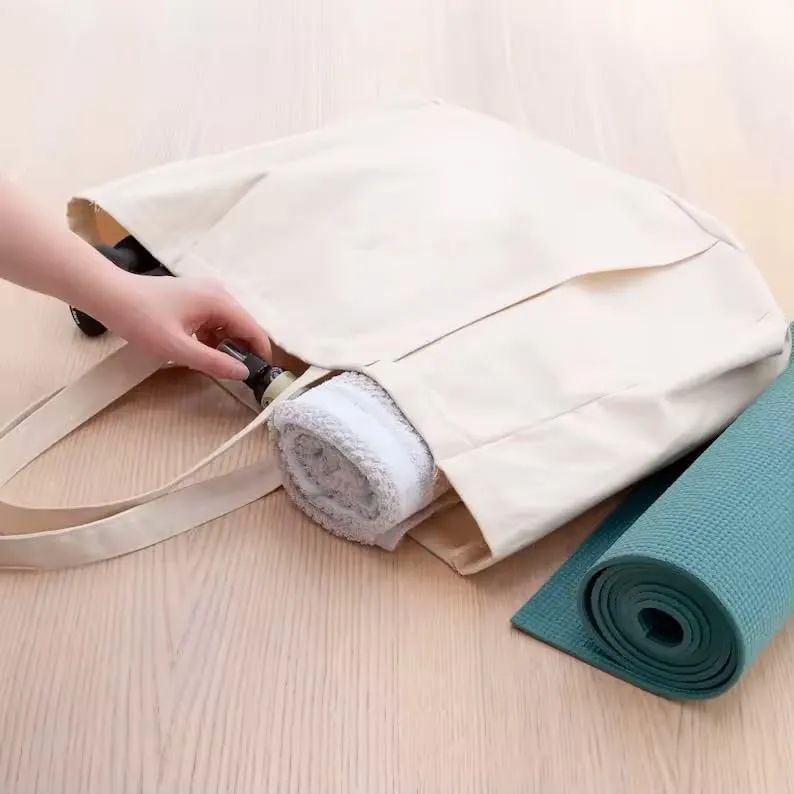Yoga Canvas Tote Bag, Large Capacity, Sturdy Multifunctional, Shoulder Bag with Mat Carrier, Pockets