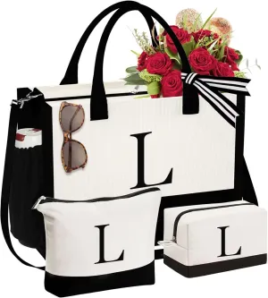 YOOLIFE Initial Canvas Tote Bag & Makeup Bag, Personalized Birthday Gifts for Women Mom Daughter Sister Friends Teacher, Bridesmaid Wedding Gifts
