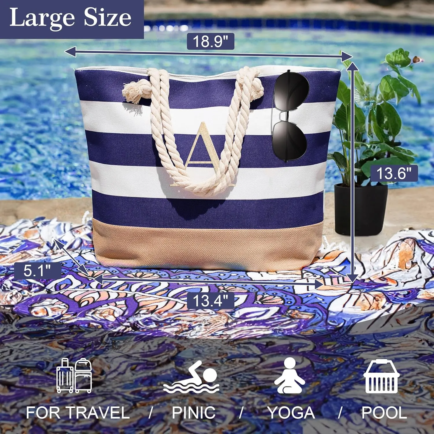 YOOLIFE Initial Canvas Waterproof Beach Tote Bag Zipper Personalized Gifts for Women Her Birthday Travel Beach Essential