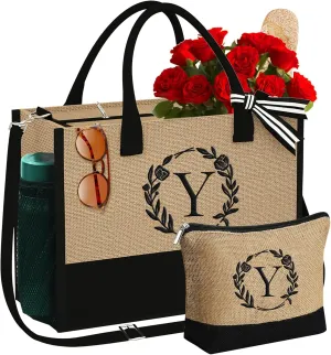 YOOLIFE Initial Jute Tote Bag & Makeup Bag, Personalized Birthday Gifts for Women Mom Daughter Sister Friends Teacher, Bridesmaid Wedding Gifts