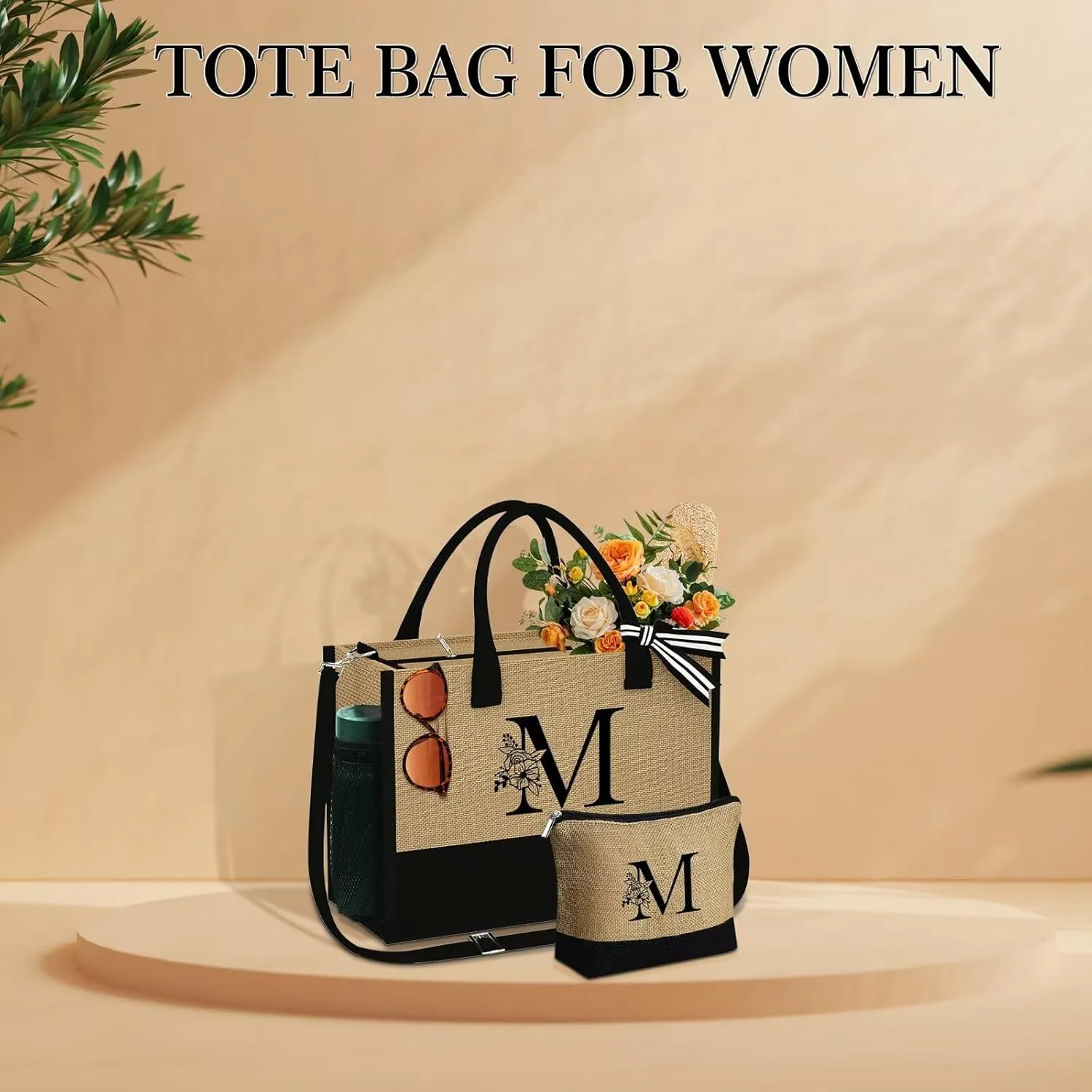 YOOLIFE Jute Initial Tote Bag Makeup Bag Monogram Tote Bag with Zipper Personalized Friend Gifts Birthday Gifts for Women Her