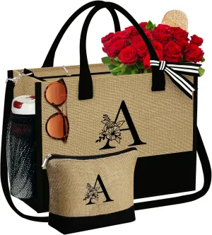 YOOLIFE Jute Initial Tote Bag Makeup Bag Monogram Tote Bag with Zipper Personalized Friend Gifts Birthday Gifts for Women Her