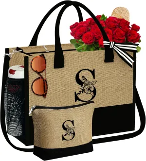 YOOLIFE Jute Initial Tote Bag Makeup Bag Monogram Tote Bag with Zipper Personalized Friend Gifts Birthday Gifts for Women Her