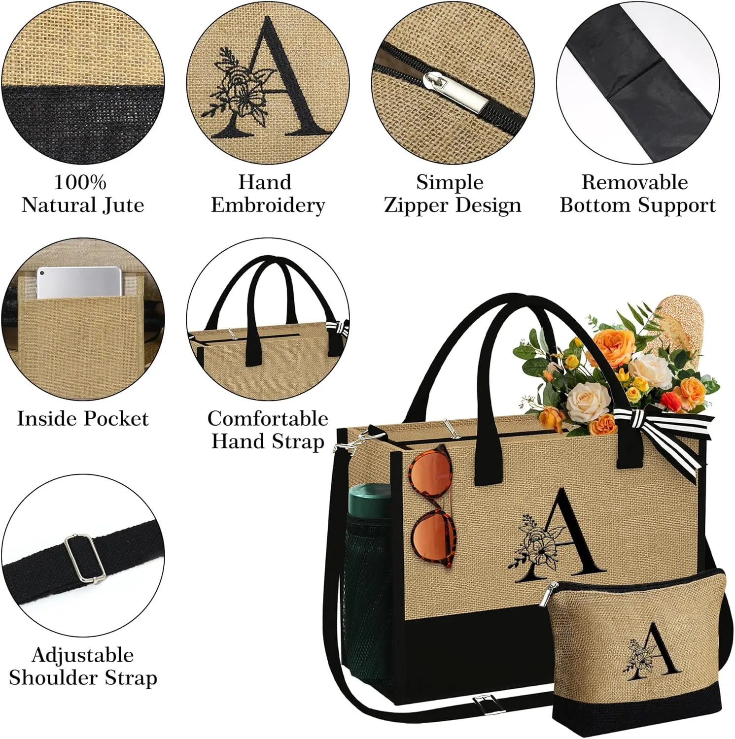 YOOLIFE Jute Initial Tote Bag Makeup Bag Monogram Tote Bag with Zipper Personalized Friend Gifts Birthday Gifts for Women Her