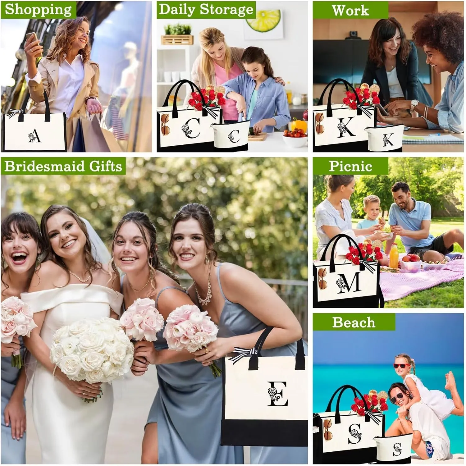 YOOLIFE Mothers Day Gifts - Initial Canvas Tote Bag & Makeup Bag Birthday Gifts for Women Wife Mom Friend Teacher Sister