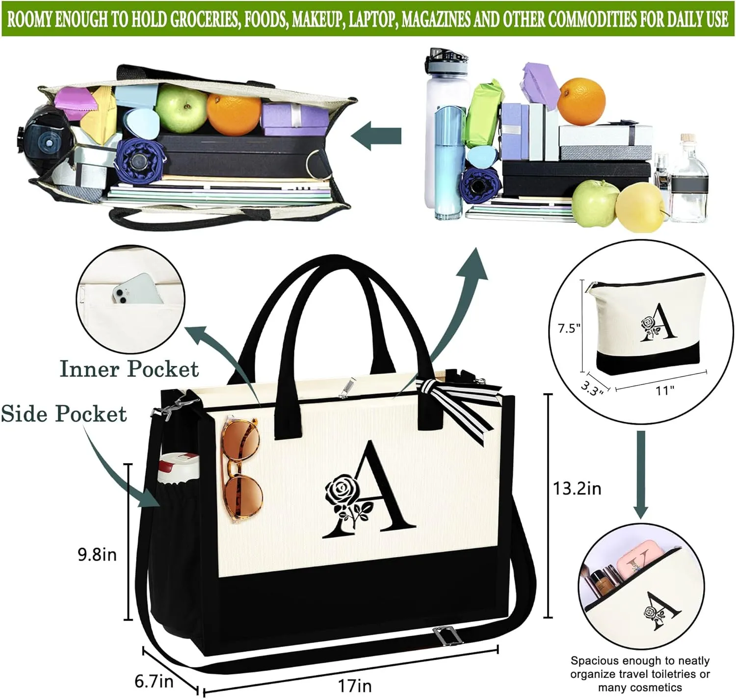 YOOLIFE Mothers Day Gifts - Initial Canvas Tote Bag & Makeup Bag Birthday Gifts for Women Wife Mom Friend Teacher Sister
