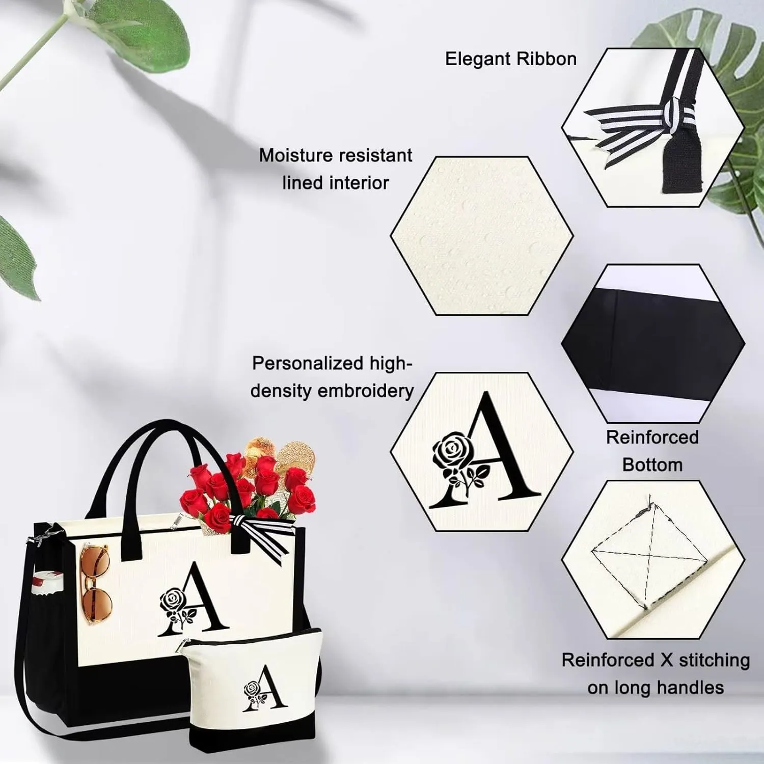 YOOLIFE Mothers Day Gifts - Initial Canvas Tote Bag & Makeup Bag Birthday Gifts for Women Wife Mom Friend Teacher Sister