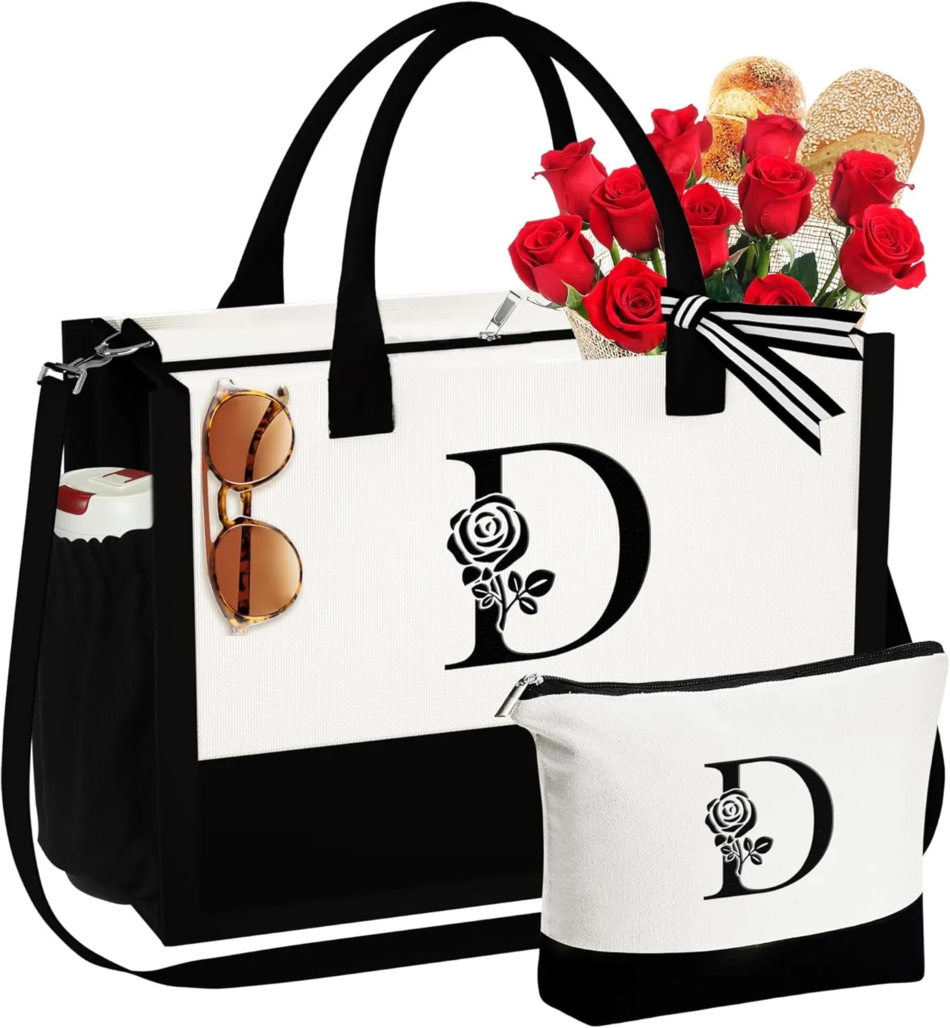 YOOLIFE Mothers Day Gifts - Initial Canvas Tote Bag & Makeup Bag Birthday Gifts for Women Wife Mom Friend Teacher Sister
