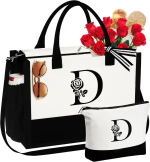 YOOLIFE Mothers Day Gifts - Initial Canvas Tote Bag & Makeup Bag Birthday Gifts for Women Wife Mom Friend Teacher Sister