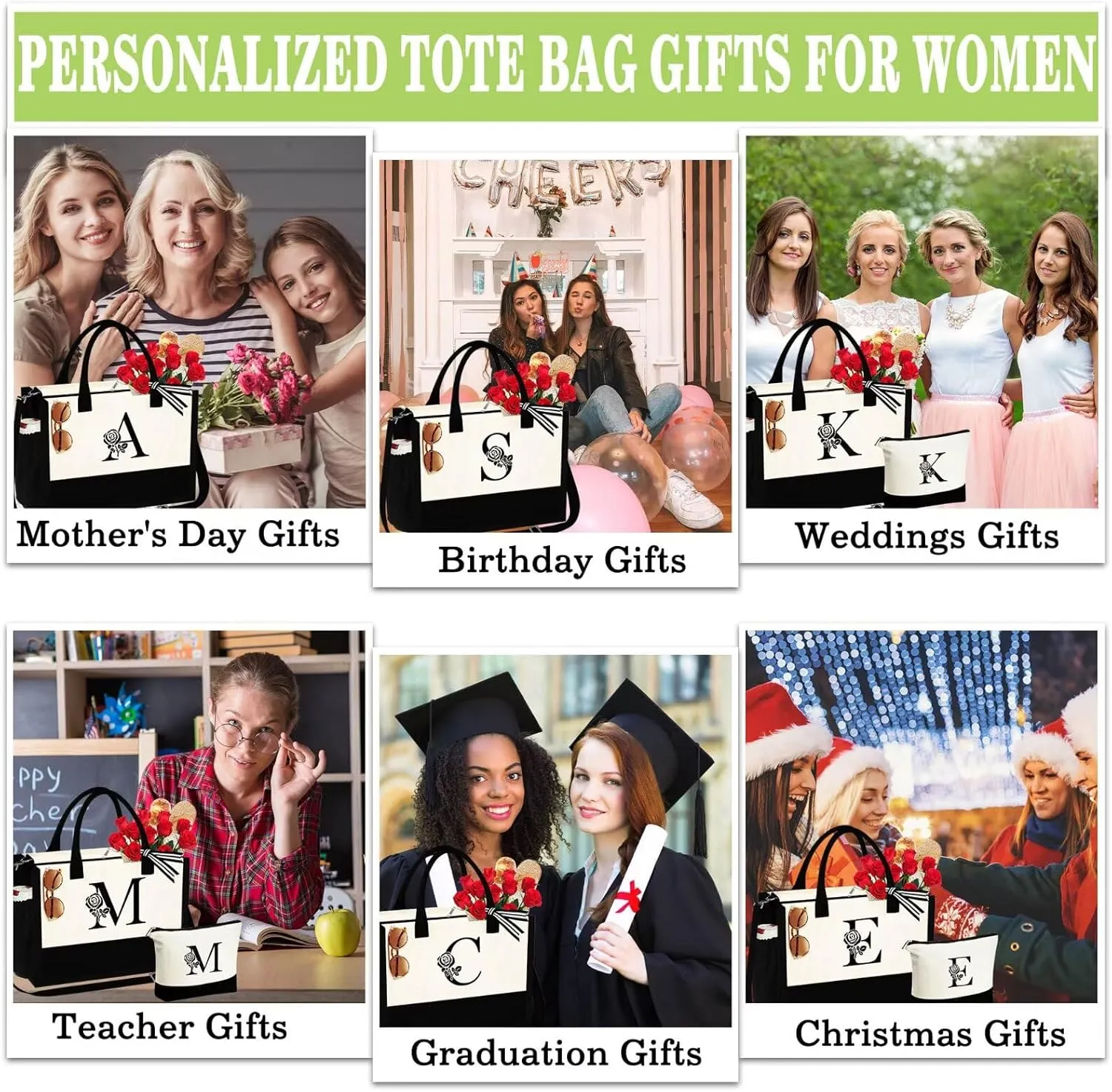 YOOLIFE Mothers Day Gifts - Initial Canvas Tote Bag & Makeup Bag Birthday Gifts for Women Wife Mom Friend Teacher Sister