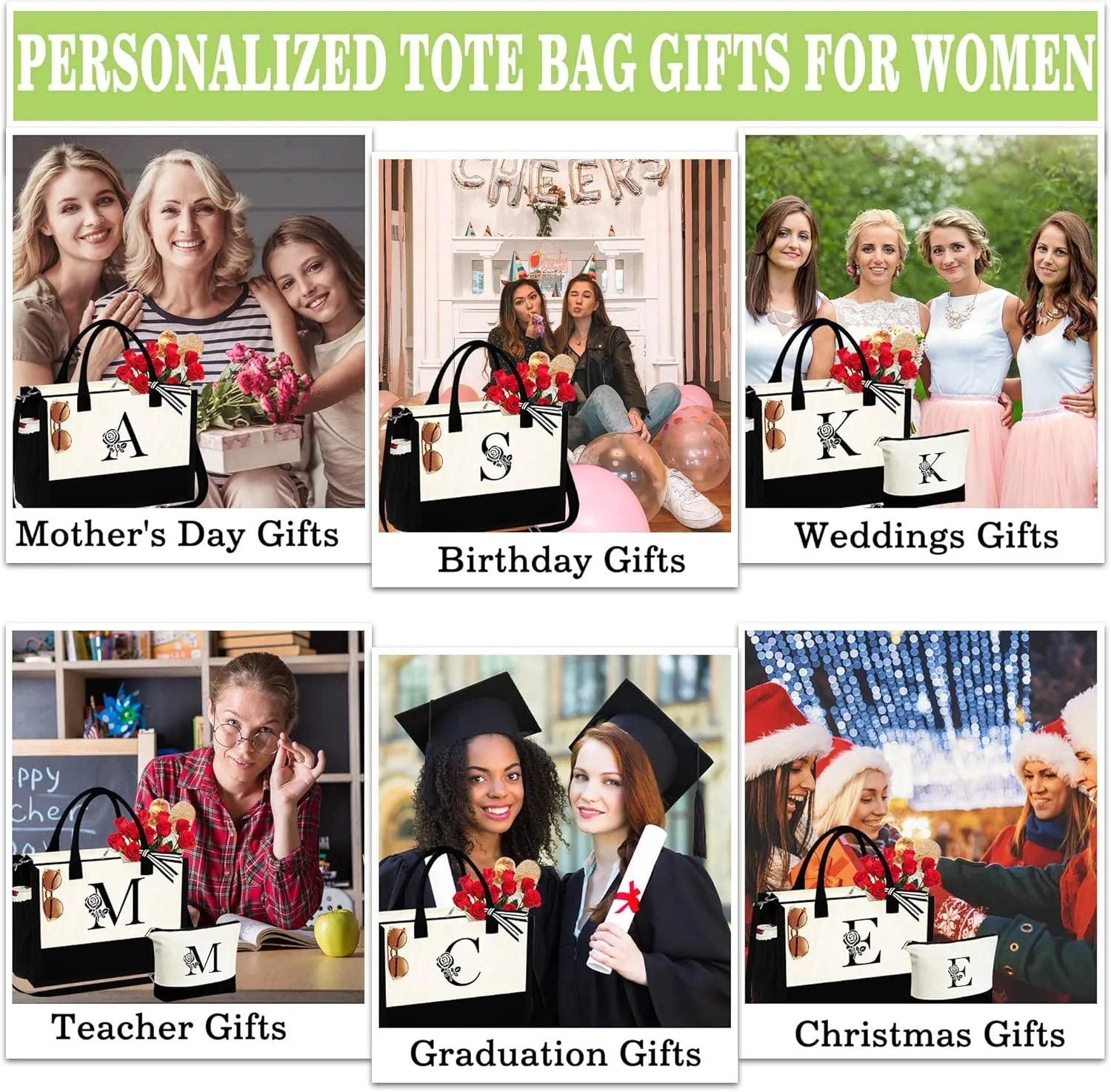 YOOLIFE Mothers Day Gifts - Initial Canvas Tote Bag & Makeup Bag Birthday Gifts for Women Wife Mom Friend Teacher Sister