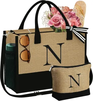YOOLIFE Mothers Day Gifts - Initial Jute Tote Bag & Makeup Bag, Personalized Gifts for Women Mom Wife Teacher Friend Birthday