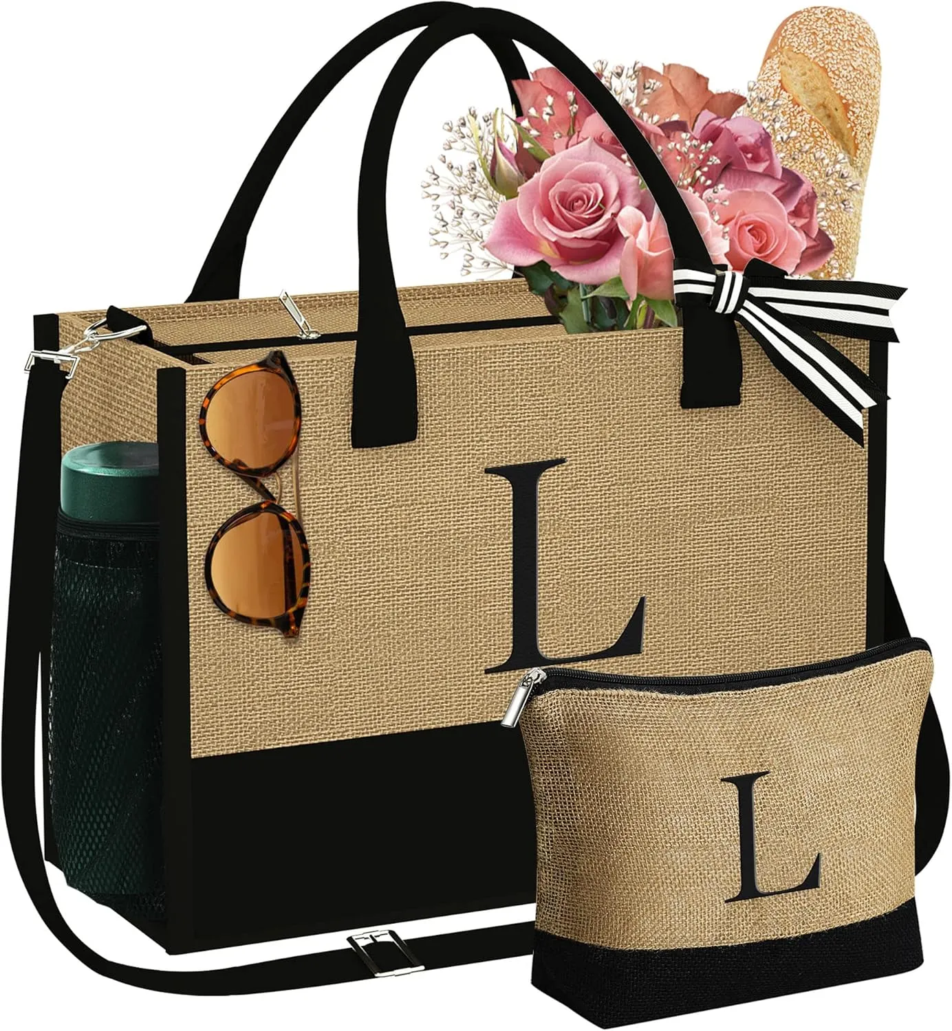 YOOLIFE Personalized Gifts for Women - Initial Jute Tote Bag & Makeup Bag, Birthday Gifts for Women Mom Wife Teacher Friend