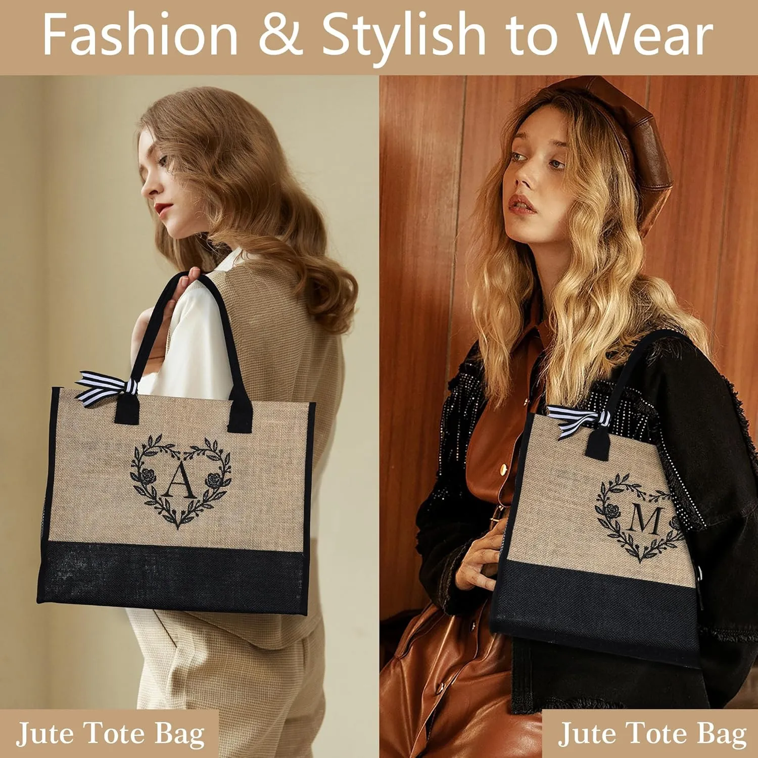 YOOLIFE Personalized Gifts for Women - Monogram Travel Tote Bag Jute Beach Bag Zipper Cosmetic Bags End of Year Teacher Gift Thank You Retirement Gift Teacher Appreciation Gifts Initial Tote C