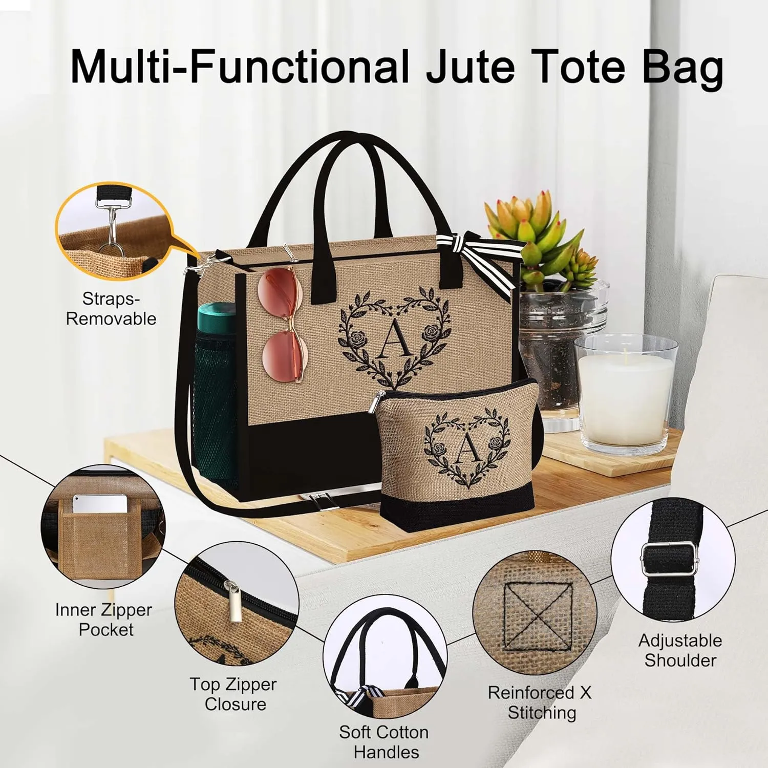 YOOLIFE Personalized Gifts for Women - Monogram Travel Tote Bag Jute Beach Bag Zipper Cosmetic Bags End of Year Teacher Gift Thank You Retirement Gift Teacher Appreciation Gifts Initial Tote C