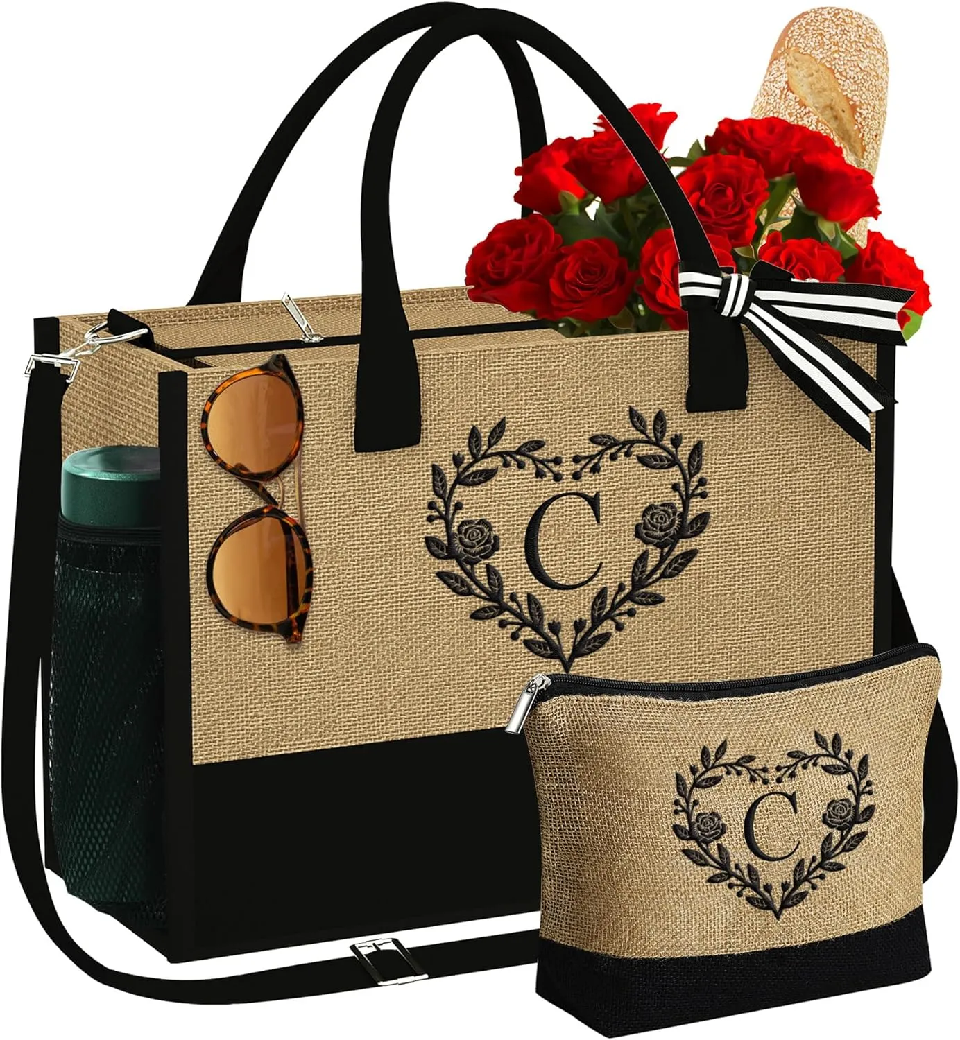 YOOLIFE Personalized Gifts for Women - Monogram Travel Tote Bag Jute Beach Bag Zipper Cosmetic Bags End of Year Teacher Gift Thank You Retirement Gift Teacher Appreciation Gifts Initial Tote C