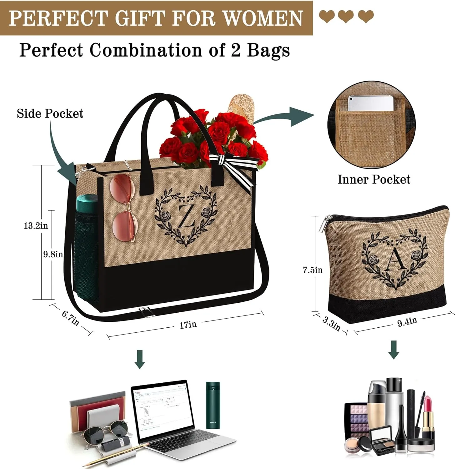 YOOLIFE Personalized Gifts for Women - Monogram Travel Tote Bag Jute Beach Bag Zipper Cosmetic Bags End of Year Teacher Gift Thank You Retirement Gift Teacher Appreciation Gifts Initial Tote C