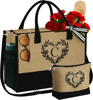 YOOLIFE Personalized Gifts for Women - Monogram Travel Tote Bag Jute Beach Bag Zipper Cosmetic Bags End of Year Teacher Gift Thank You Retirement Gift Teacher Appreciation Gifts Initial Tote C