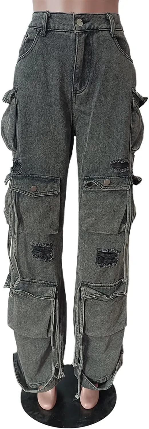 YOOTIKO Womens Baggy Jeans Cargo Pants Y2K High Waisted Distressed Street Denim Wide Leg Trousers with Pockets