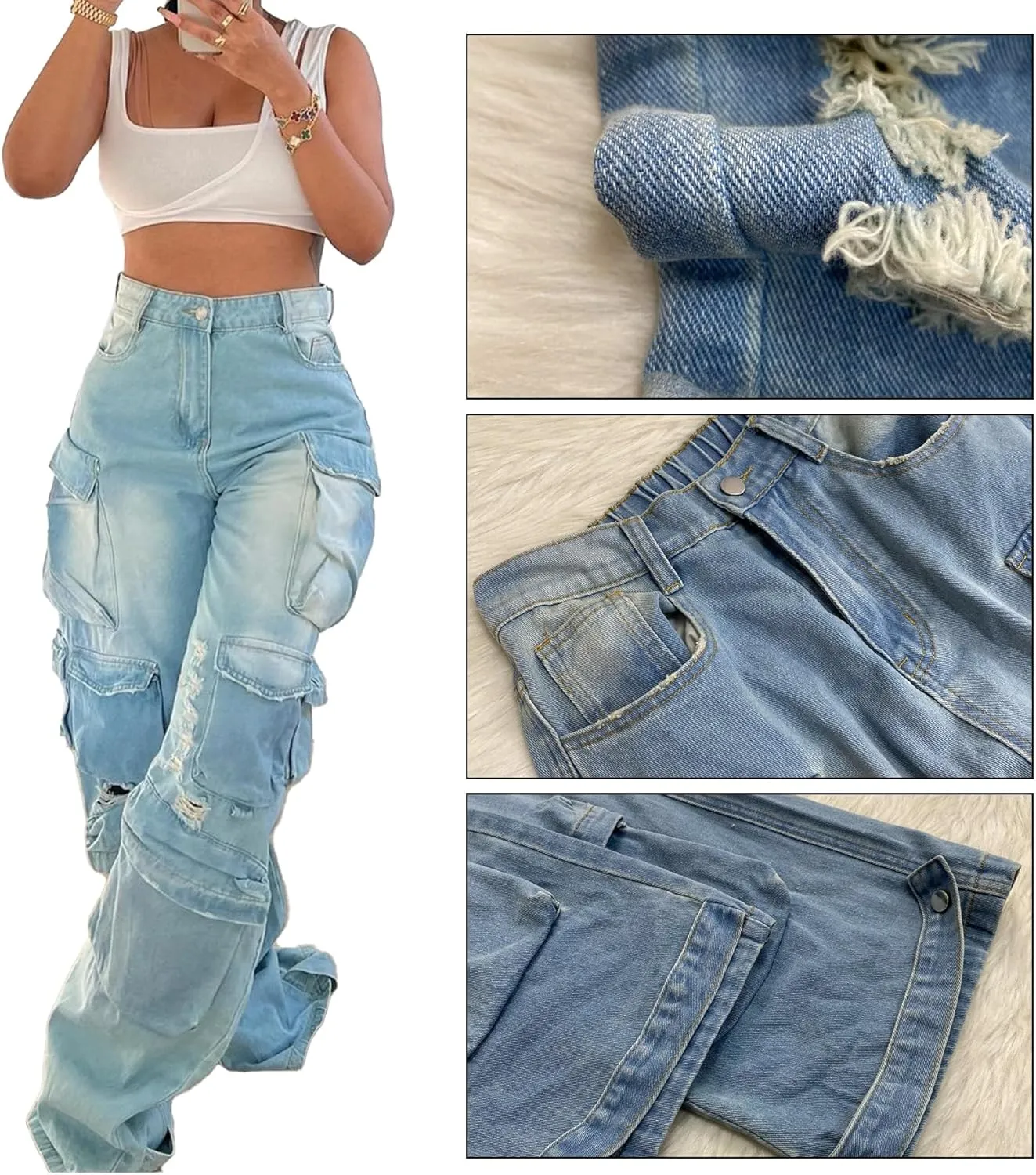 YOOTIKO Womens Baggy Jeans Cargo Pants Y2K High Waisted Distressed Street Denim Wide Leg Trousers with Pockets