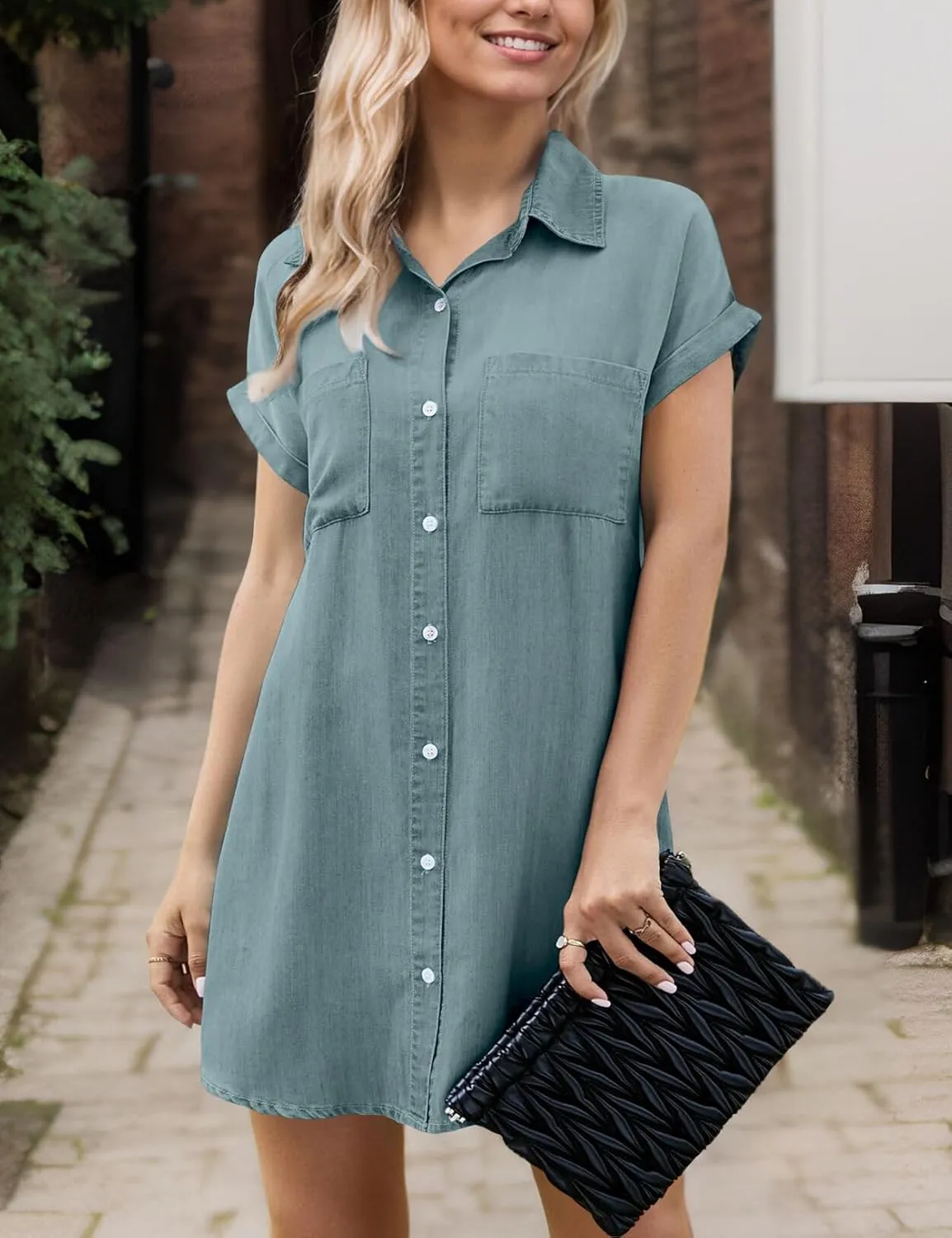 Zilcremo Women Denim Shirt Dresses Short Sleeve Distressed Jean Dress Button Down Casual Tunic Top
