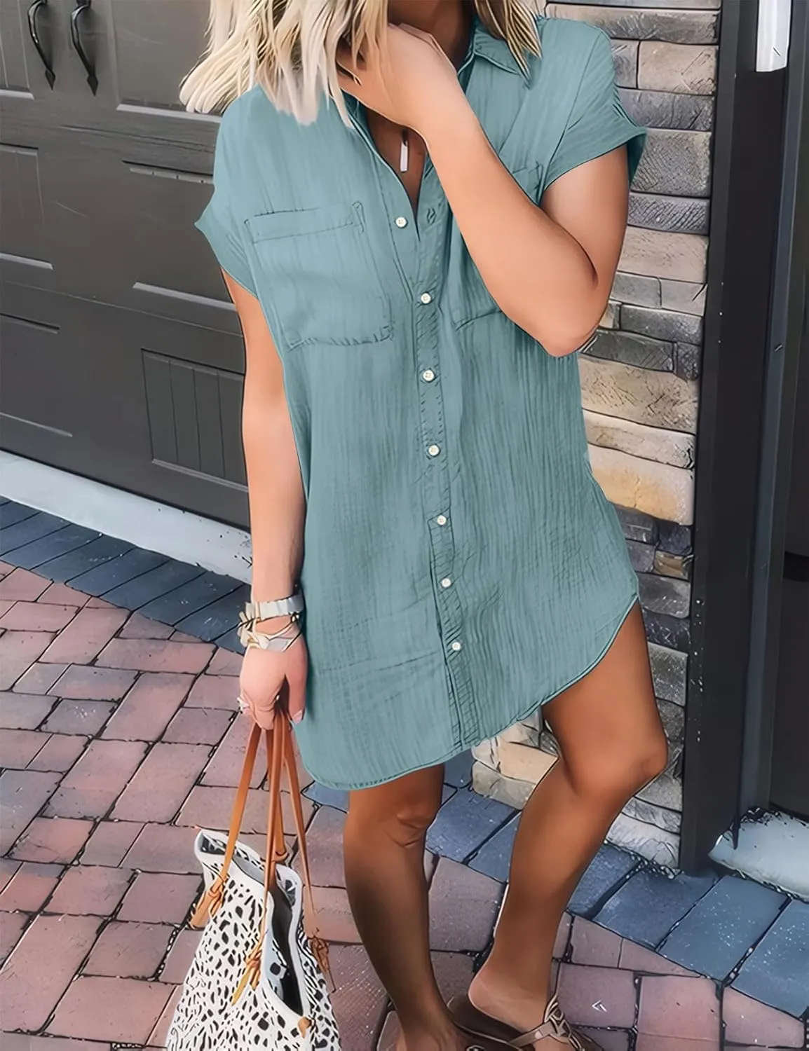 Zilcremo Women Denim Shirt Dresses Short Sleeve Distressed Jean Dress Button Down Casual Tunic Top