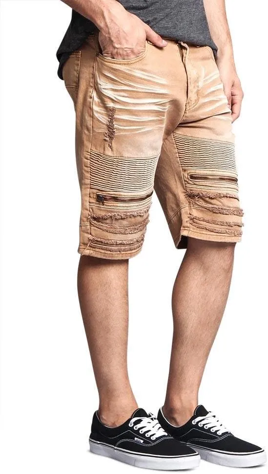Zippered Biker Style Ribbed Moto Ripped Distressed Denim Jean Shorts