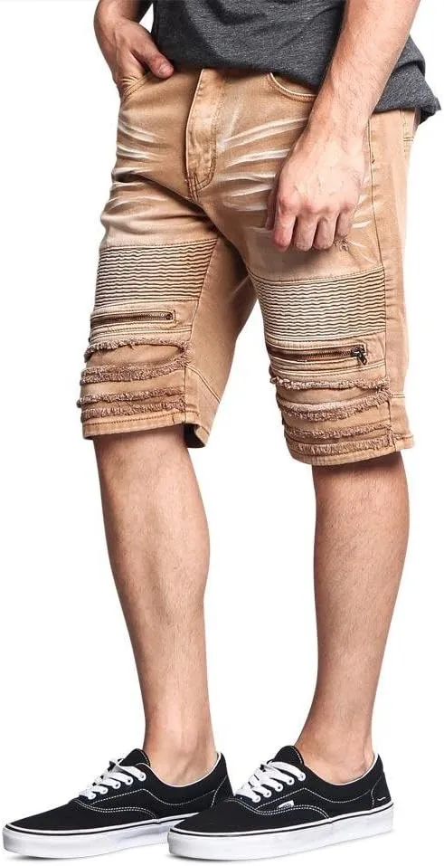 Zippered Biker Style Ribbed Moto Ripped Distressed Denim Jean Shorts