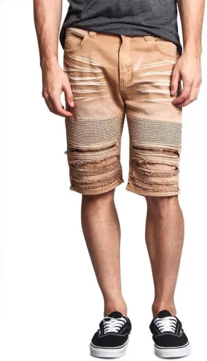 Zippered Biker Style Ribbed Moto Ripped Distressed Denim Jean Shorts