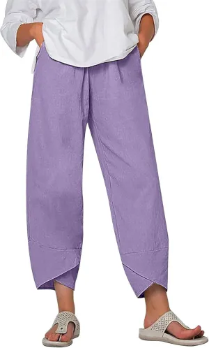 ZOCAVIA Women's Cotton Linen Capri Pants Casual Cropped Baggy Trousers Comfy Loose Palazzo Lounge Pants with Pockets