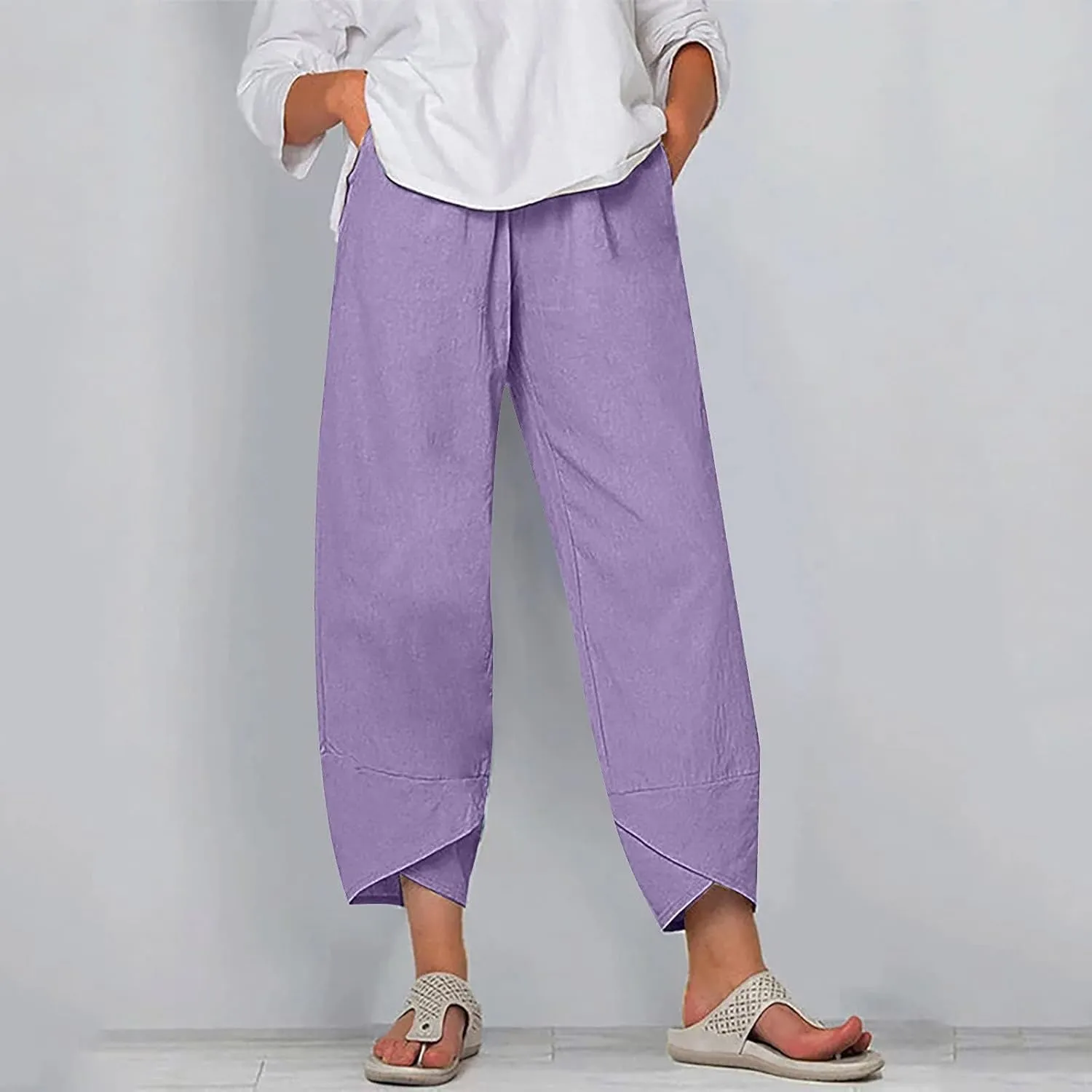 ZOCAVIA Women's Cotton Linen Capri Pants Casual Cropped Baggy Trousers Comfy Loose Palazzo Lounge Pants with Pockets