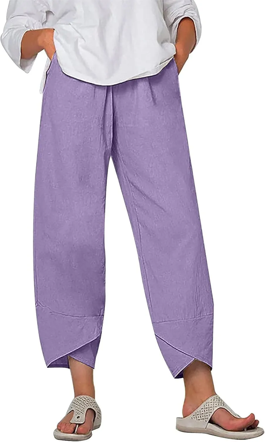 ZOCAVIA Women's Cotton Linen Capri Pants Casual Cropped Baggy Trousers Comfy Loose Palazzo Lounge Pants with Pockets