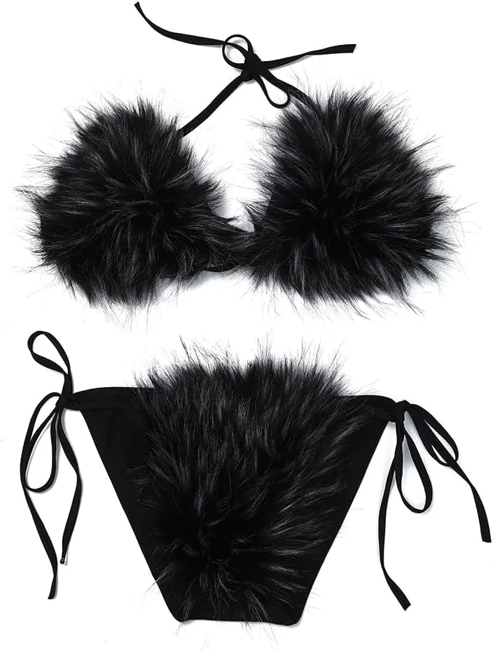 ZOSCGJMY Women's Faux Fur Halter String Triangle Bikini Sets Two Piece Swimsuits
