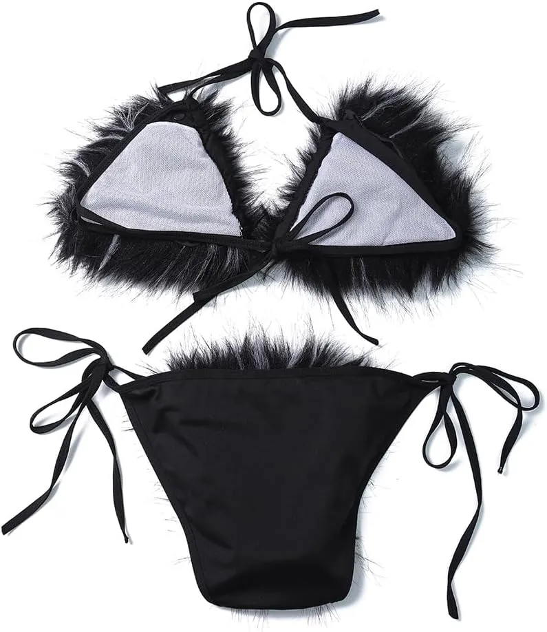 ZOSCGJMY Women's Faux Fur Halter String Triangle Bikini Sets Two Piece Swimsuits