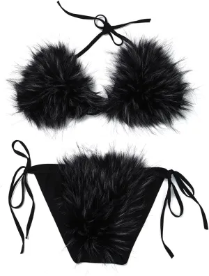 ZOSCGJMY Women's Faux Fur Halter String Triangle Bikini Sets Two Piece Swimsuits